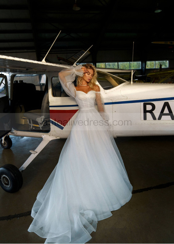 Off Shoulder White Organza Sweet Wedding Dress With Horsehair Trim Off Shoulder White Organza Sweet Wedding Dress With Horsehair Trim